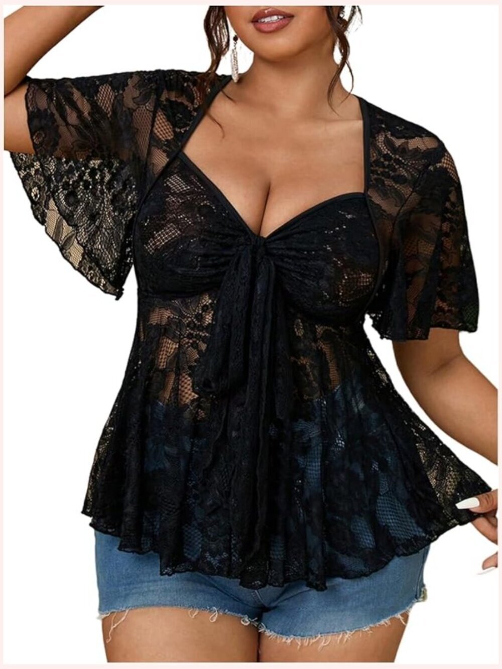 Plus Size Sheer Lace Peplum Ruffle Top Blouse